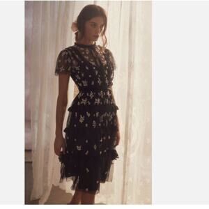 New Needle & Thread Black Ditsy Embroidered Midi Dress Floral Tulle Sz 6